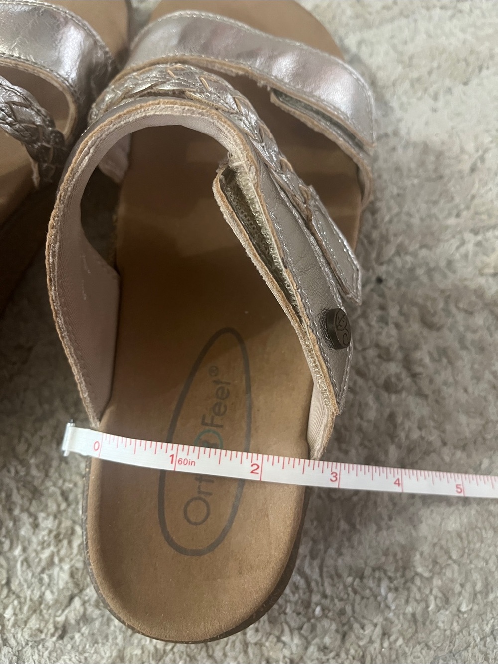Ortho Feet Metallic Silver Slide Sandals 1.5” Heel Leather Braided Strap 7 Wide - Picture 13 of 15